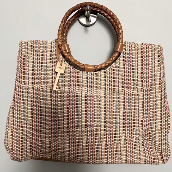 Fossil multi color woven tote with round woven tan leather handles - Picture 1 of 5